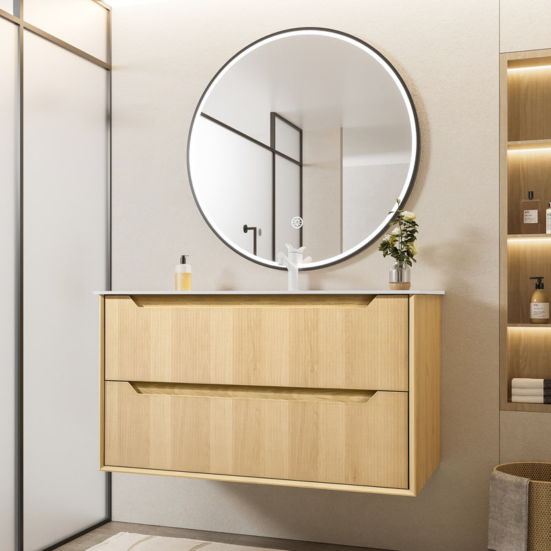 Meuble-lavabo flottant de 40 po avec lavabo, pré-assemblé, façade en chêne naturel à texture quadrillée, bois massif multicouche, fixation murale, plateau en pierre blanche, 2 tiroirs à fermeture en douceur