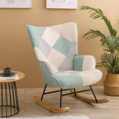 Chaise berçante d'appoint, chaise berçante en tissu Mid-Century avec pieds en bois et lin patchwork pour le salon