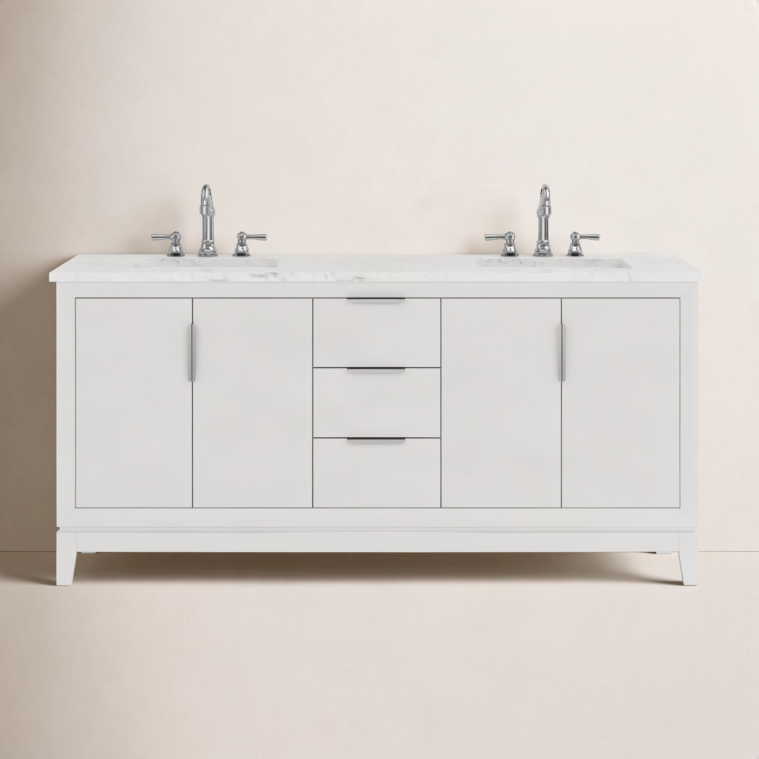 Charlise 72" Carrara Marble Double Bathroom Vanity, Pure White, Hook
