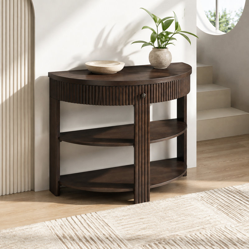Console demi-lune cannelée avec tiroir et tablettes ouvertes, espresso pour le vestibule