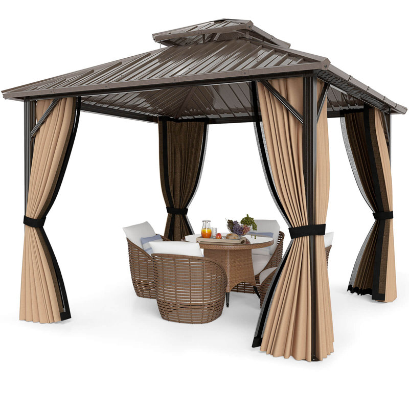 Hardtop Gazebo with Netting Heavy-Duty Double-Roof Galvanized Metal Top, 120" H x 120" W x 117" D