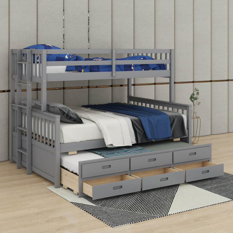 Twin Over Full Bunk Bed With Trundle And Drawers, Gray