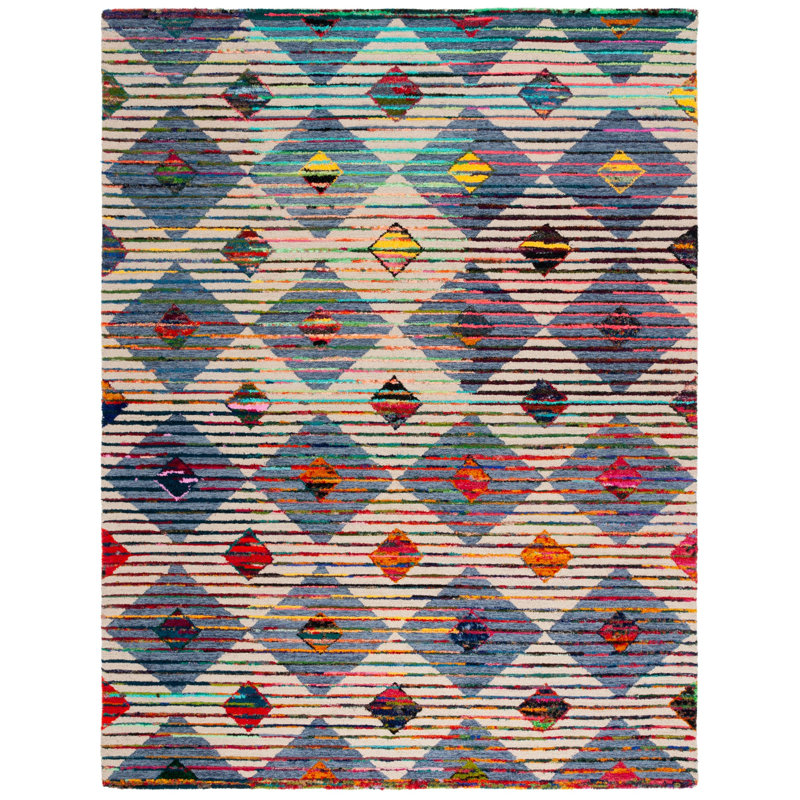 Tapis géométrique beige / bleu en laine / coton touffeté à la main Klasina, Rectangle 8 pi x 10 pi