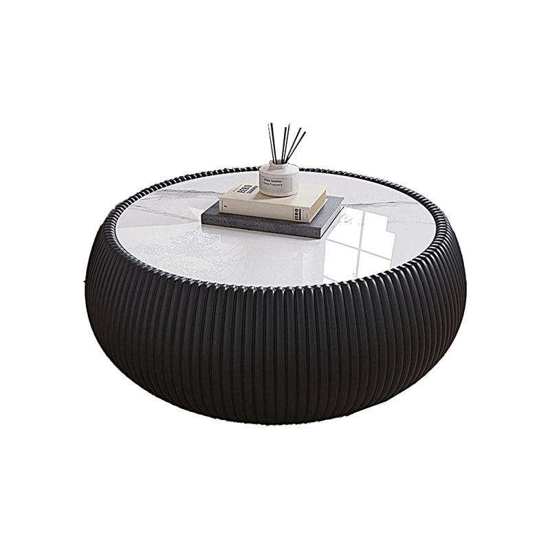 Marble Top Drum Shape Leather Coffee Table, Black