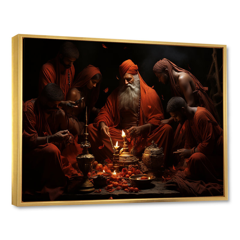 Rituels de l'hindouisme résonnant sur bois de rose sur toile, Cadre flottant doré, H 34 po x l 44 po x P 1,5 po