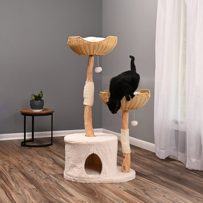 Natural Wood and Sisal Freestanding Cat Tree with Plush Condo