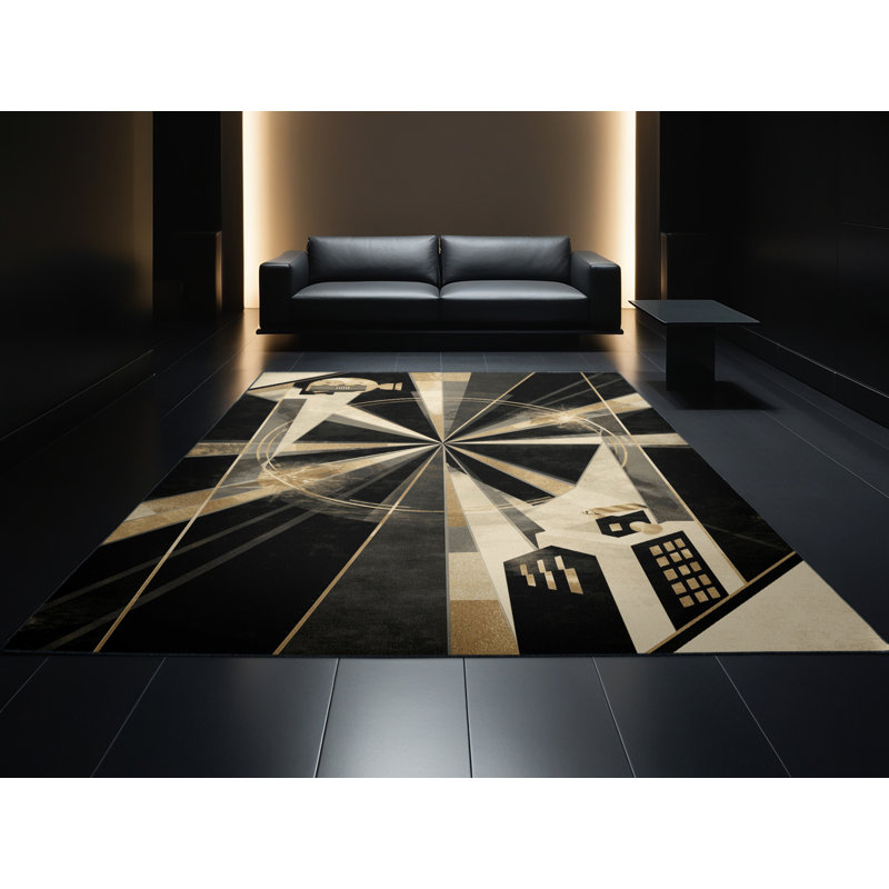 Machine Washable Oweda Old Hollywood Glamour Art Deco Geometric Shapes Rug in Brown – Black Binding, 5x8