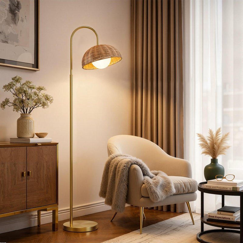 64" Coastal Rattan Floor Lamp With Adjustable 30° Swivel Head And Polished Gold Finish For Living Room And Bedroom