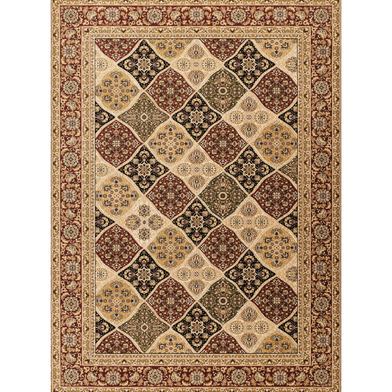 2 pi Tapis rouge X 3 avec médaillon et motifs encadrés, velours 100% polypropylène, teinture, velours floral très dense, décoration