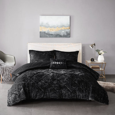 Édredon luxueux en velours noir pour très grand / très grand lit - luxueux, rembourré, comprend 2 taies décoratives, 1 coussin décoratif