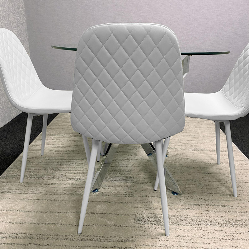 Maya Round Glass Dining Table with 4 Gem Chairs Chrome Finish, White