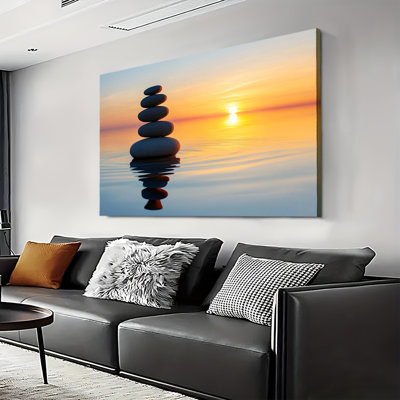 Balanced Stacked Zen Stones On Calm Water At Sunset Seascape, Large Gallery Wrapped Canvas Wall Art Print For Living Room Bedroom