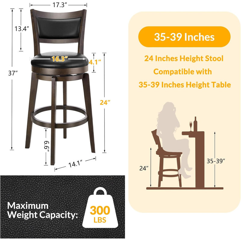 Faux Leather Swivel Stools Set of 1 with High Backrest & Solid Wood Legs & Wrap-around Footrest for Kitchen Island, Pub