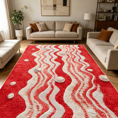 Tapis à motif géométrique touffeté à rayures ondulées rouges et blanches de 1 pièce pour le salon, doux et confortable, adapté à toutes les saisons, facile à entretenir, lavable à la machine, tapis de ferme sous la table convenant à la salle à manger, la chambre à coucher, le vestibule, la cuisine,