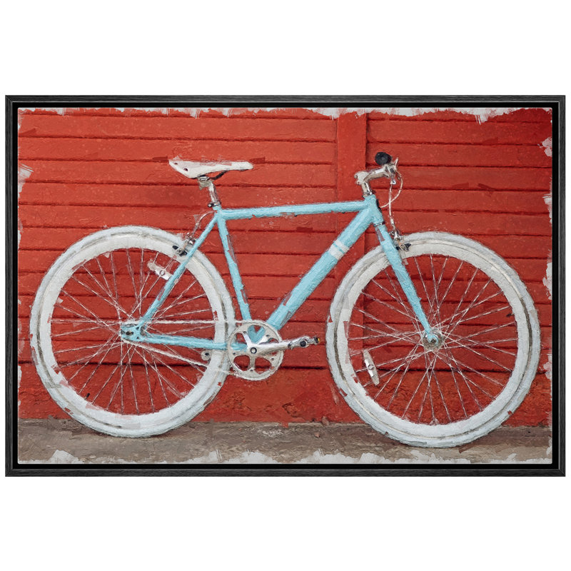 " Road Bike Parked By The Red Wood " Painting Print, 16" H x 24" W x 1.5" D, Black Framed