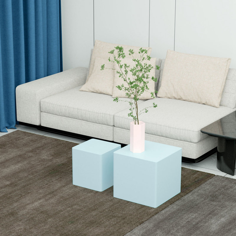  Table de bout avec table gigogne et plateau de chevet Meghal, H 14,82 po x l 15,6 po x P 15,6 po, Bleu clair