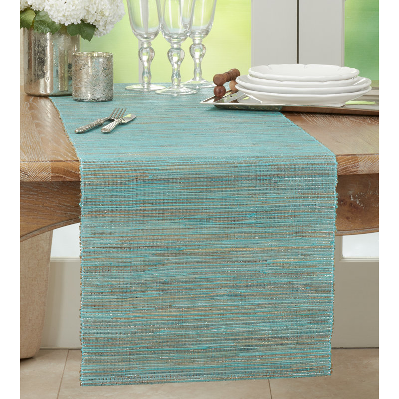 Bevis Shimmering Woven Nubby Natural Table Runner, Turquoise, 72" x 16"
