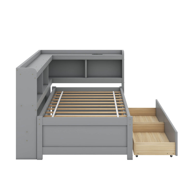 Twin Size L-Shaped Bookcases Bed With Power Outlets, USB And Two Drawers, Gray