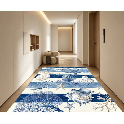 Tapis d'intérieur lavable à la machine, motif coquillages, rayures bleues et blanches, idéal pour le salon, la chambre à coucher, l'entrée, la cuisine, le balcon ou un appartement. Décoration intérieure chaleureuse pour le salon, la chambre à coucher, l'entrée, la cuisine ou un appartement.