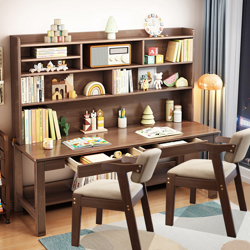 Kids Study Desk Chair Set Learning Writing Desk Computer Table with Hutch, Brown