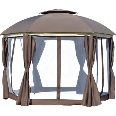 Brown Gazebo - 12' X Round, Double Roof. Strong Steel Frame For Outdoor Fun. Netting Sidewalls, Privacy Curtains, Zippered Entry Tier Roof, Frame. Great Poolside, Patio, Garden. Includes Netting,