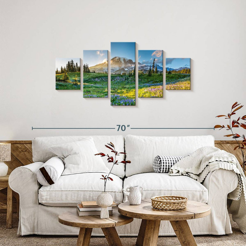 Mont Rainier printemps au Mont Rainier 5 pièces, H 24 po x l 55 po x P 1,25 po
