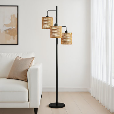 Brenden 65" H 3-Light Tree Floor Lamp with Woven Rattan Shades