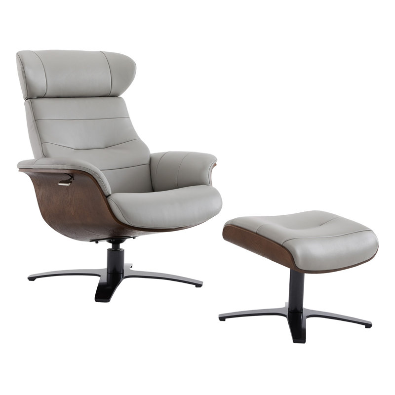 Fauteuil inclinable pivotant en cuir véritable de 31 po de largeur avec repose-pieds Dillon, Gris clair