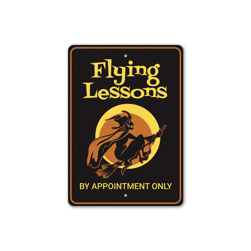 Enseigne en aluminium «Flying Lessons Witch», H 18 po x l 12 po x P 0,06 po