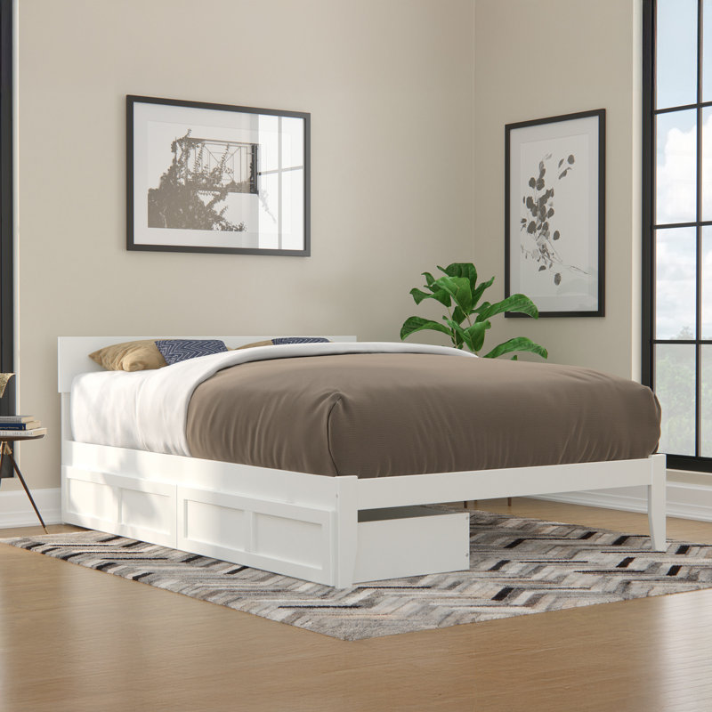 Valeria Premium Wood Storage Platform Bed with Under Bed Storage Drawers, Full, White