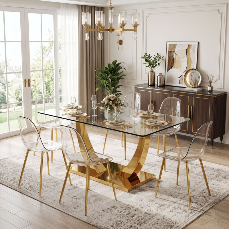 63" Dining Table Set for 4-6, Rectangular Tempered Glass Dining Table with Metal Base and Clear Moulded Plastic Chairs, Gold