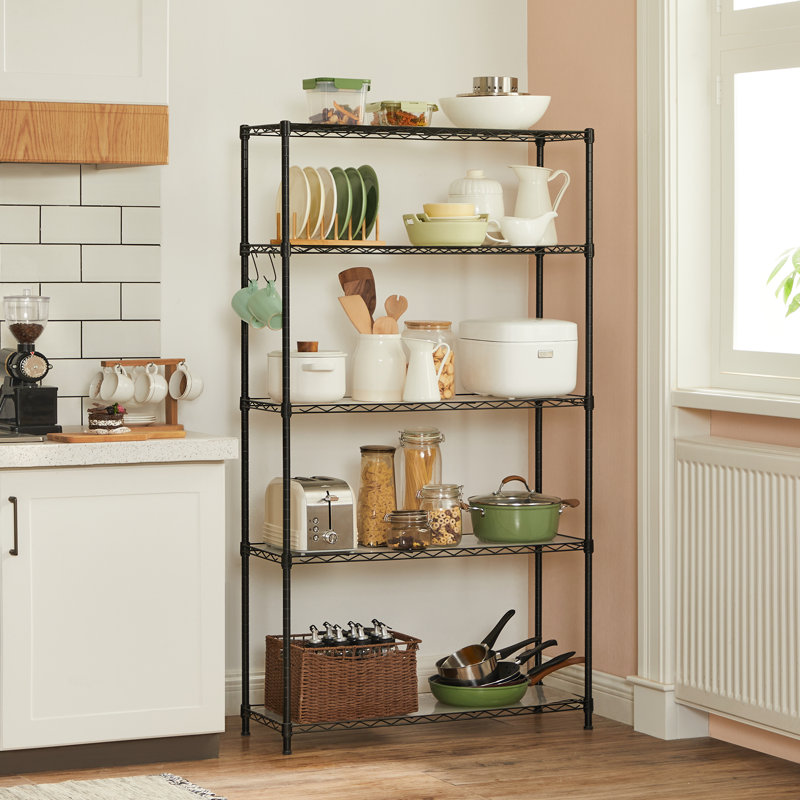Étagères de rangement en métal à 5 niveaux, étagère en fil de cuisine, support de rangement avec tablettes réglables, doublures de tablettes, 8 crochets, pour le garage, 30 x 90 x 160 cm, noir