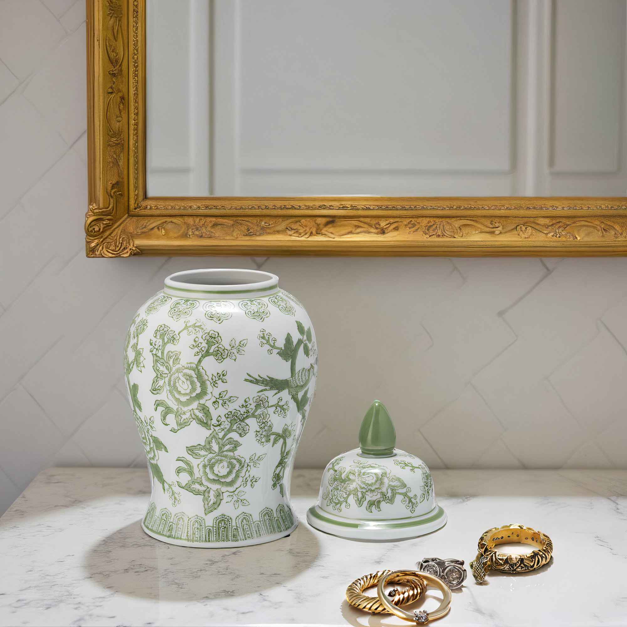 Ebba Temple Jar with Lid - Ceramic Green and White Floral Chinoiserie Decorative Stoneware for Home, Office, Gift Idea