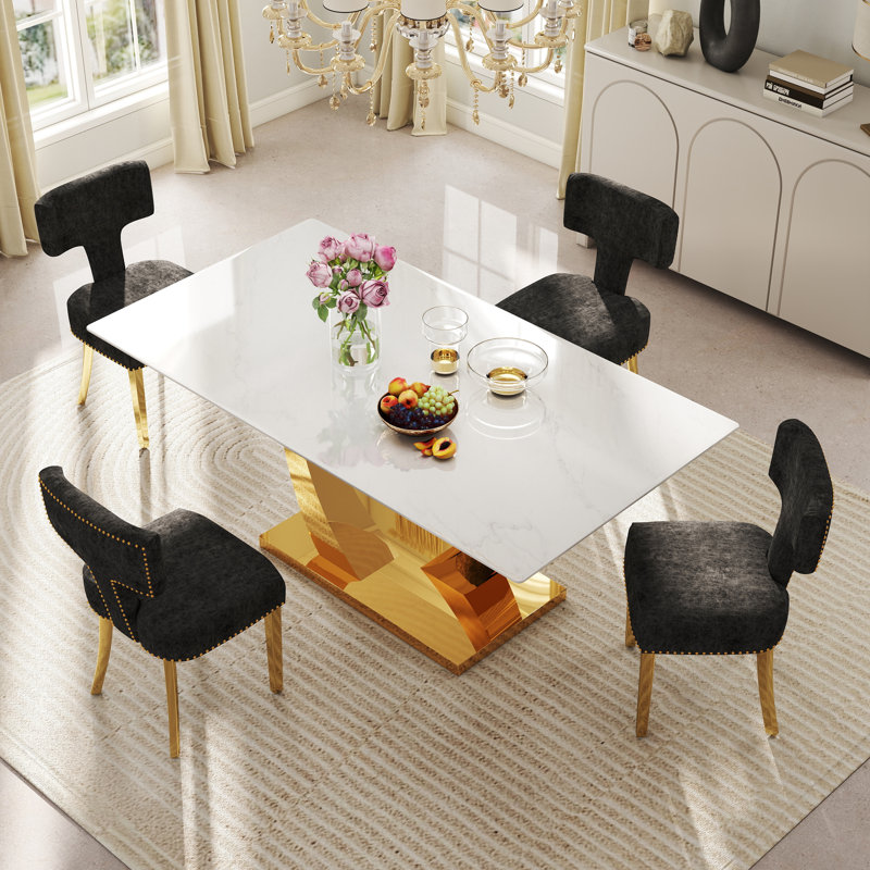 Ensemble de salle à manger moderne à piédestal rectangulaire avec chaise Chenin Dininig, Noir et or, 5