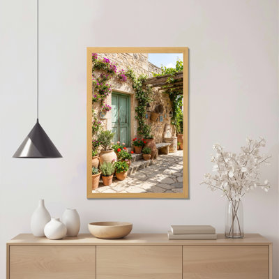 Cour méditerranée avec mur de pierre et plantes à fleurs, reproduction d'art sur toile tendue sur toile, ensemble de 1