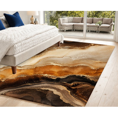 Tapis à motif de marbre abstrait, tourbillons or, brun et noir, tapis texturé artistique, antidérapant et moelleux, idéal pour le salon, la chambre à coucher, la salle à manger, le couloir ou un appartement.