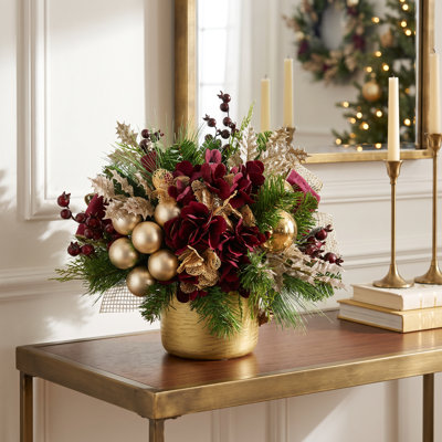 Woodside Holiday Arrangement with Hydrangeas, Ornaments and Berries