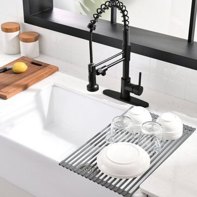 Matte Black Pull Down Water Filter Kitchen Sink Faucet With Roll Up Dish Drying Rack, 3 Way Drinking Faucet, Single Handle Dual Function Spray Head, Contemporary Style Made Of Solid Brass 44 Head And
