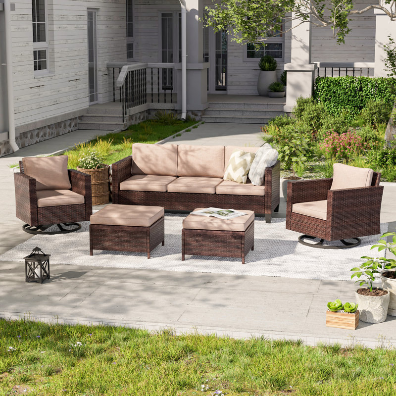5 - Person Wicker Swivel Rocker Chair Outdoor Seating Group with Cushions, Sand, Brown