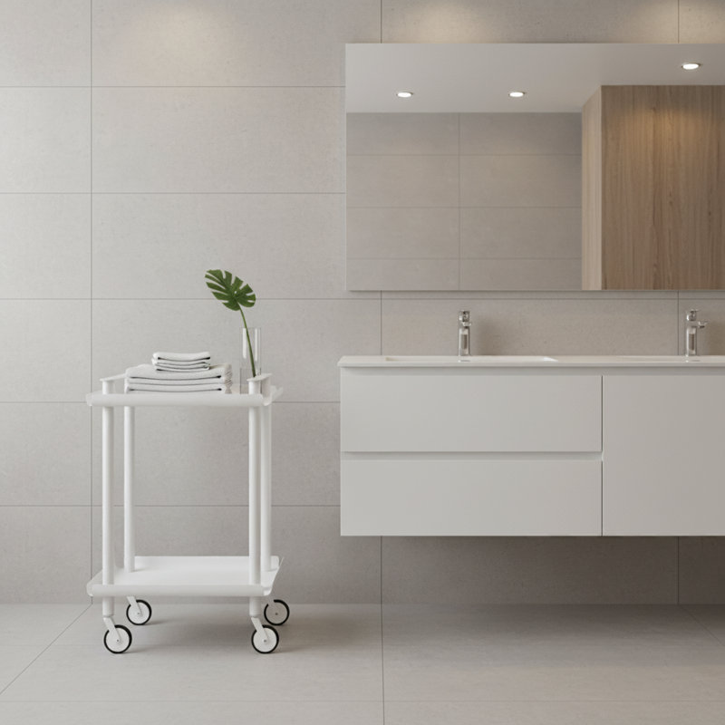 Chariot métallique VALEN blanc avec 2 tablettes et roulettes – Idéal comme chariot de bar