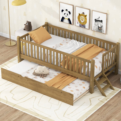 Wood Twin Size Platform Bed with Guardrail and Trundle for Kids – Solid Pine Daybed, Space-Saving, No Box Spring Required, Walnut