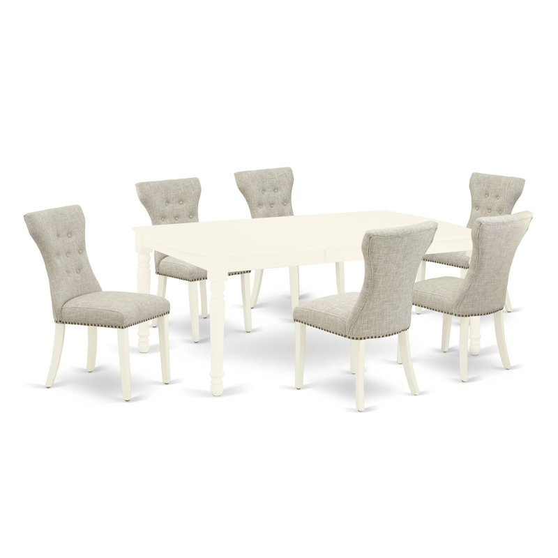 Ensemble de salle à manger 7 pièces composé d'une table de salle à manger rectangulaire avec feuille papillon et 6 chaises rembourrées en tissu de lin, blanc lin