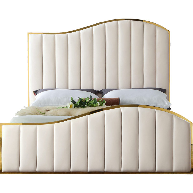Lit plateforme tapissier Jolie, Très grand, Velours crème