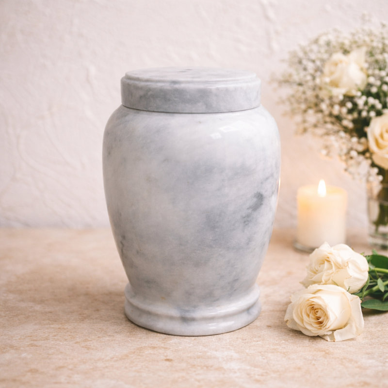 Decorative Marble Cremation Urn For Adults, White And Brown Marbled Pattern, Large Capacity, Gray