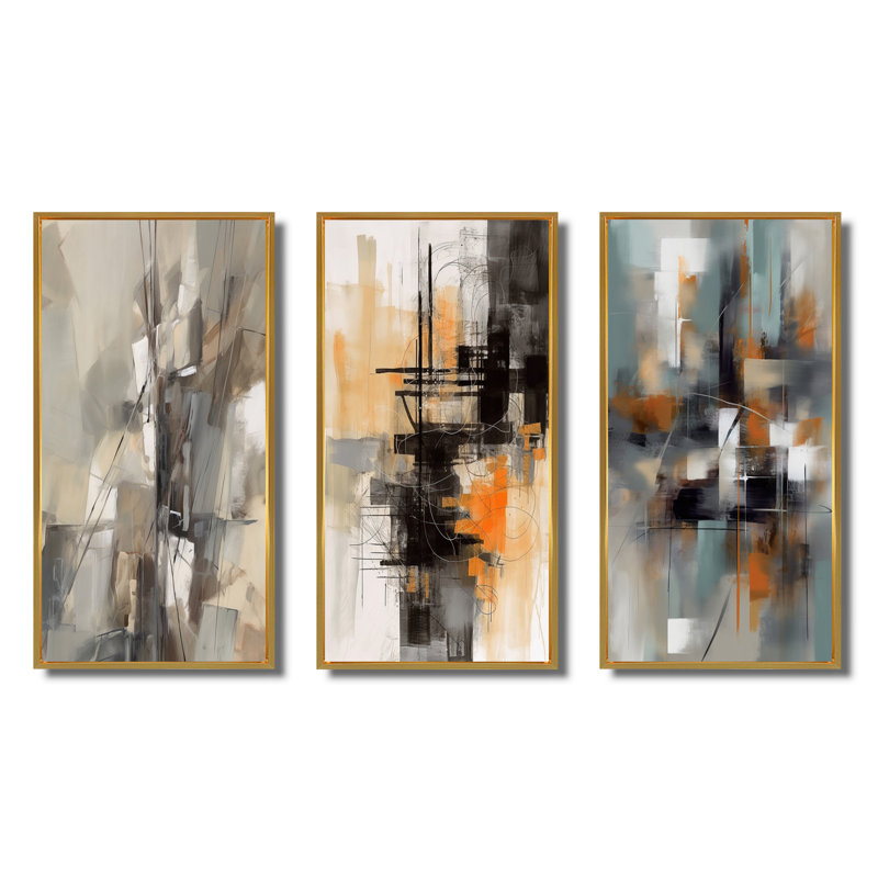 «Abstract Design Shapes», 3 pièces sur toile, Cadre flottant doré, H 20 po x l 36 po