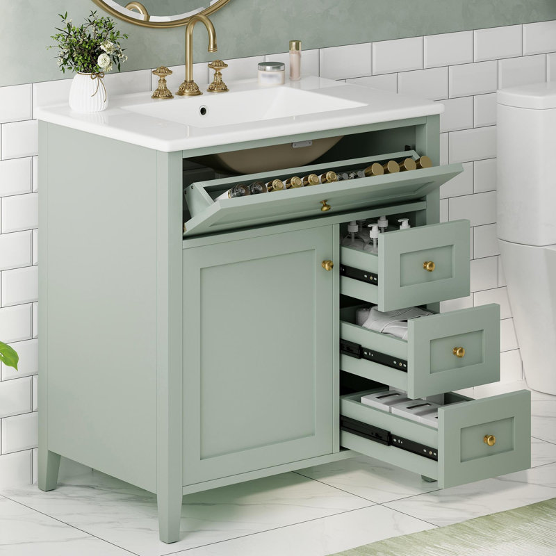 Meuble-lavabo autoportant de 30 po avec lavabo et rangement multifonctionnel, Vert clair, 30