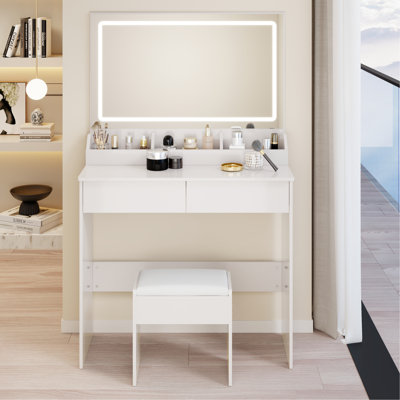 Très grande coiffeuse avec miroir à DEL de 31 po x 20 po + ensemble de tabouret à coussin souple, interrupteur tactile, 3 couleurs, luminosité réglable, rangement de grande capacité, coiffeuse compacte convenant aux petits espaces