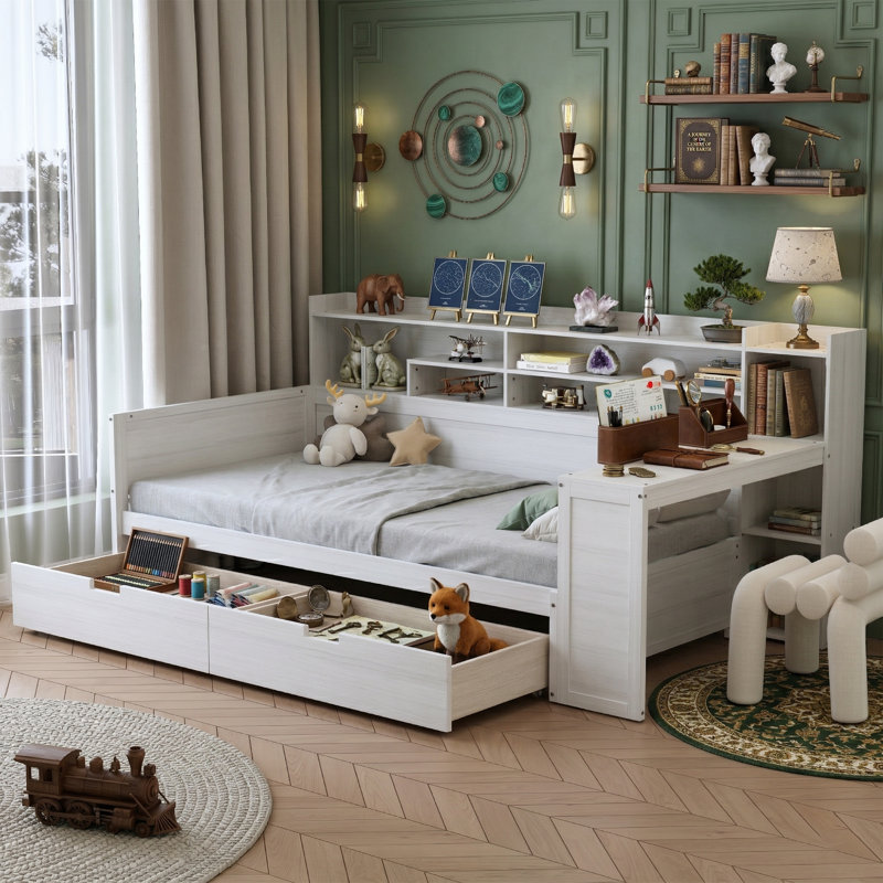 Lit de jour simple en bois 91,3 po avec bureau d'étude intégré - Lit de rangement multifonctionnel avec 2 tiroirs et tablettes latérales - Poste de travail de 44,9 po de hauteur - Gris