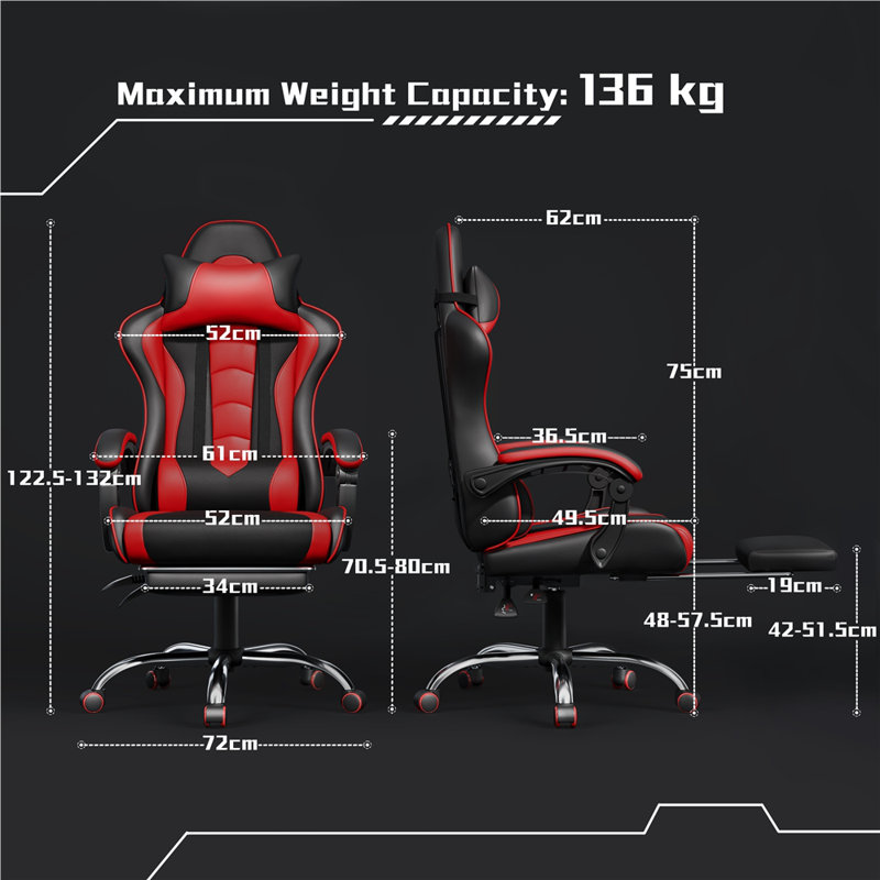 Inbox Zero Adjustable Reclining Ergonomic Faux Leather Swiveling Floor Game Chair with Footrest, Black/Red
