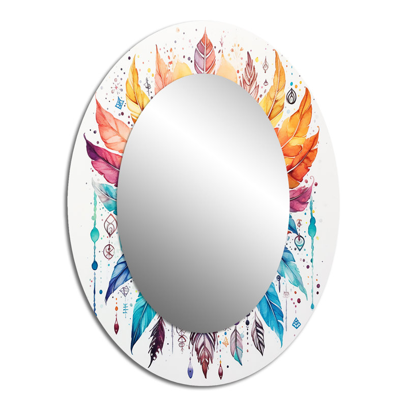Orange And Blue Boho Dreamcatcher Watercolor - Blue Oval Wall Mirror Decor, 40" x 30"